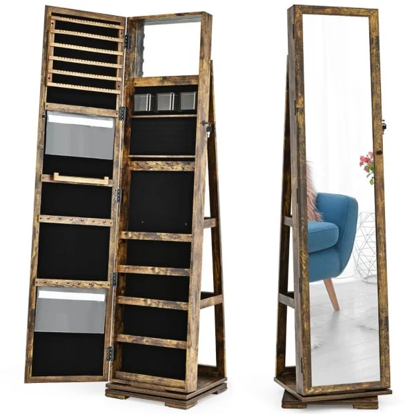 Armoire à Bijoux Pivotante à 360 Degrés avec Grand Miroir Psyché et Etagère de Rangement à L’Arrière 10 Couleurs au Choix