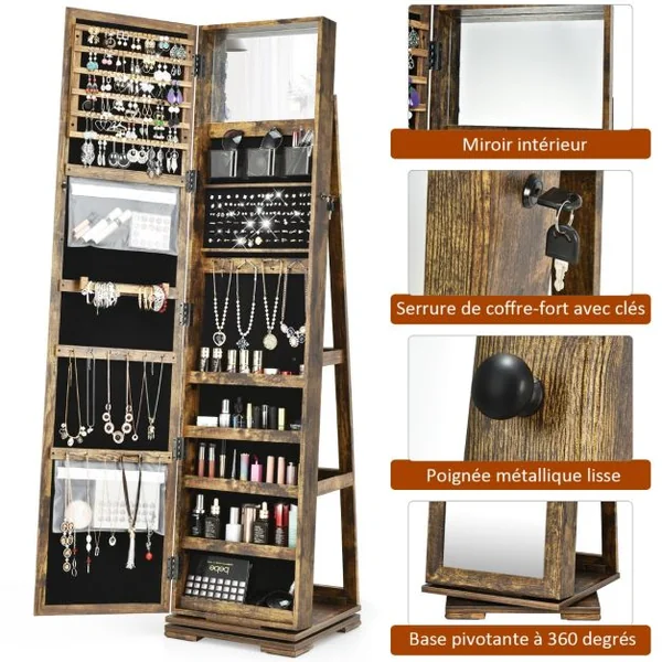 Armoire à Bijoux Pivotante à 360 Degrés avec Grand Miroir Psyché et Etagère de Rangement à L’Arrière 10 Couleurs au Choix