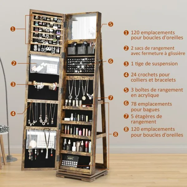 Armoire à Bijoux Pivotante à 360 Degrés avec Grand Miroir Psyché et Etagère de Rangement à L’Arrière 10 Couleurs au Choix