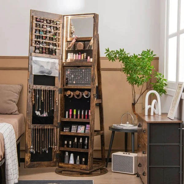 Armoire à Bijoux Pivotante à 360°avec Lumières LED 3 Couleurs Miroir Pleine Longueur et Étagère 3 Niveaux en Arrière 10 Couleurs au Choix