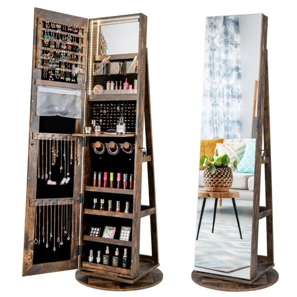 Armoire à Bijoux Pivotante à 360°avec Lumières LED 3 Couleurs Miroir Pleine Longueur et Étagère 3 Niveaux en Arrière 10 Couleurs au Choix