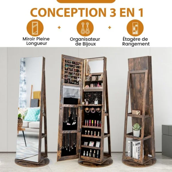 Armoire à Bijoux Pivotante à 360°avec Lumières LED 3 Couleurs Miroir Pleine Longueur et Étagère 3 Niveaux en Arrière 10 Couleurs au Choix