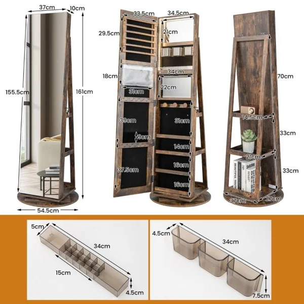 Armoire à Bijoux Pivotante à 360°avec Lumières LED 3 Couleurs Miroir Pleine Longueur et Étagère 3 Niveaux en Arrière 10 Couleurs au Choix