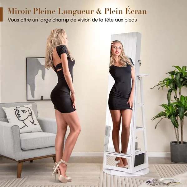 Armoire à Bijoux Pivotante à 360°Miroir Pleine Longueur Lumières LED Etagère 3 Niveaux Porte Verrouillable Blanc/Marron/Café/Noir/Noyer