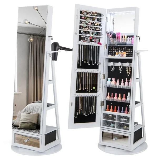 Armoire à Bijoux Pivotante à 360°Miroir Pleine Longueur Lumières LED Etagère 3 Niveaux Porte Verrouillable Blanc/Marron/Café/Noir/Noyer