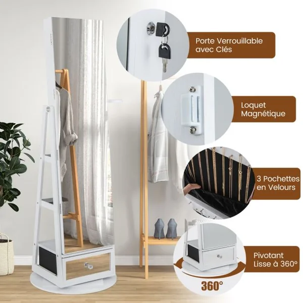 Armoire à Bijoux Pivotante à 360°Miroir Pleine Longueur Lumières LED Etagère 3 Niveaux Porte Verrouillable Blanc/Marron/Café/Noir/Noyer