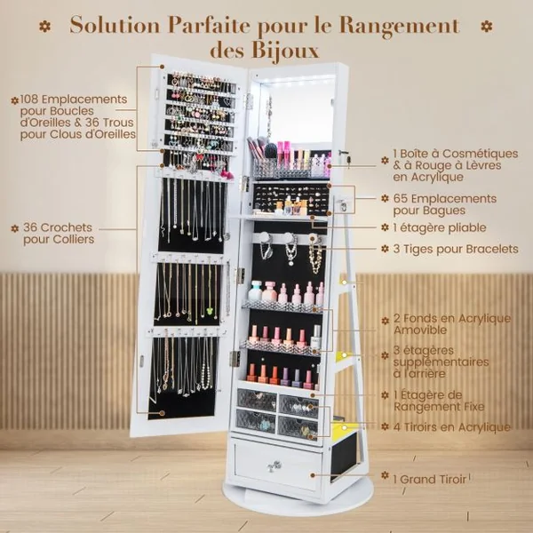 Armoire à Bijoux Pivotante à 360°Miroir Pleine Longueur Lumières LED Etagère 3 Niveaux Porte Verrouillable Blanc/Marron/Café/Noir/Noyer