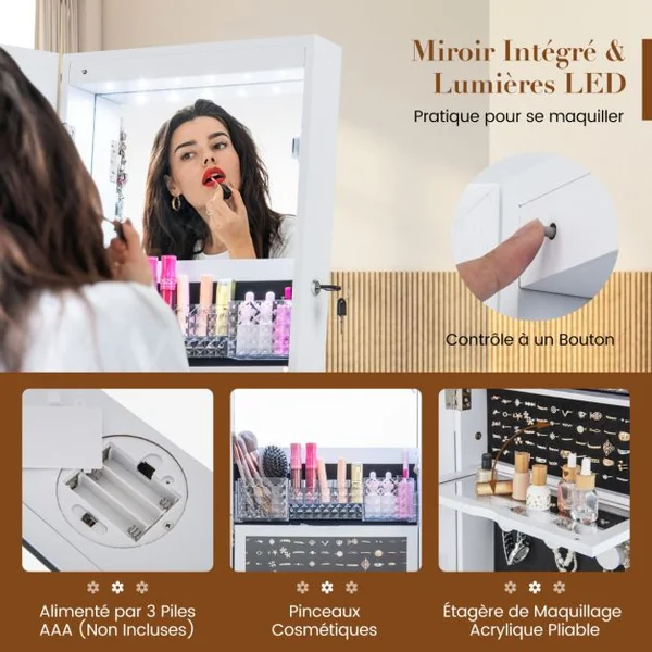 Armoire à Bijoux Pivotante à 360°Miroir Pleine Longueur Lumières LED Etagère 3 Niveaux Porte Verrouillable Blanc/Marron/Café/Noir/Noyer