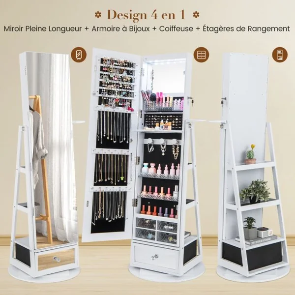 Armoire à Bijoux Pivotante à 360°Miroir Pleine Longueur Lumières LED Etagère 3 Niveaux Porte Verrouillable Blanc/Marron/Café/Noir/Noyer