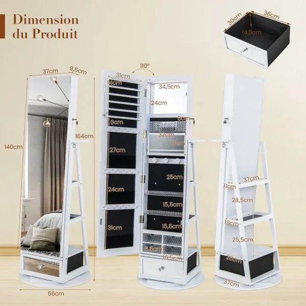 Armoire à Bijoux Pivotante à 360°Miroir Pleine Longueur Lumières LED Etagère 3 Niveaux Porte Verrouillable Blanc/Marron/Café/Noir/Noyer