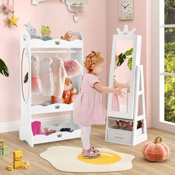 Armoire à Bijoux pour Enfants Miroir sur Pied avec Grande Capacité de Rangement Miroir de Courtoisie avec Tiroir Motif Couronne Rose/Blanc