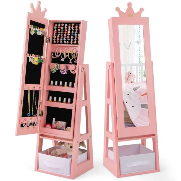 Armoire à Bijoux pour Enfants Miroir sur Pied avec Grande Capacité de Rangement Miroir de Courtoisie avec Tiroir Motif Couronne Rose/Blanc