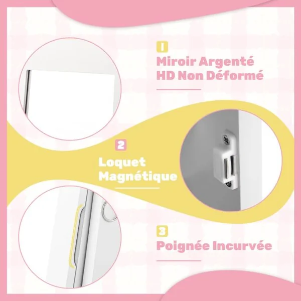 Armoire à Bijoux pour Enfants Miroir sur Pied avec Grande Capacité de Rangement Miroir de Courtoisie avec Tiroir Motif Couronne Rose/Blanc