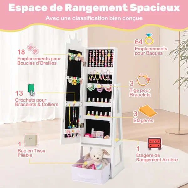 Armoire à Bijoux pour Enfants Miroir sur Pied avec Grande Capacité de Rangement Miroir de Courtoisie avec Tiroir Motif Couronne Rose/Blanc