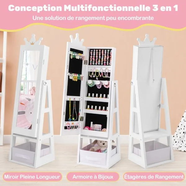Armoire à Bijoux pour Enfants Miroir sur Pied avec Grande Capacité de Rangement Miroir de Courtoisie avec Tiroir Motif Couronne Rose/Blanc