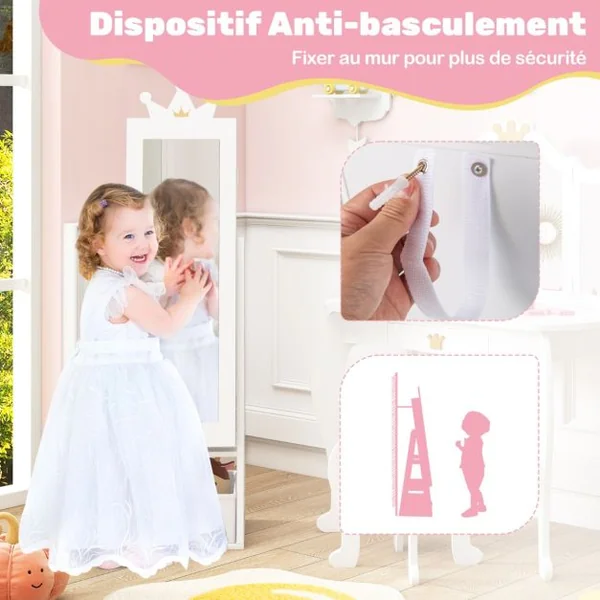 Armoire à Bijoux pour Enfants Miroir sur Pied avec Grande Capacité de Rangement Miroir de Courtoisie avec Tiroir Motif Couronne Rose/Blanc