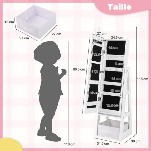 Armoire à Bijoux pour Enfants Miroir sur Pied avec Grande Capacité de Rangement Miroir de Courtoisie avec Tiroir Motif Couronne Rose/Blanc