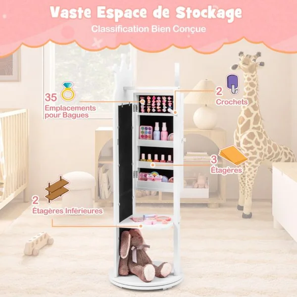 Armoire à Bijoux pour Enfants Miroir sur Pied Base Pivotante Support à Vêtements Crochets Etagères et Tiroir Motif Couronne Rose/Blanc