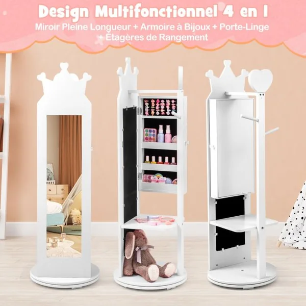 Armoire à Bijoux pour Enfants Miroir sur Pied Base Pivotante Support à Vêtements Crochets Etagères et Tiroir Motif Couronne Rose/Blanc