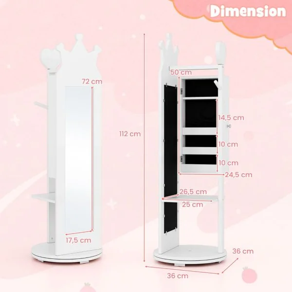 Armoire à Bijoux pour Enfants Miroir sur Pied Base Pivotante Support à Vêtements Crochets Etagères et Tiroir Motif Couronne Rose/Blanc