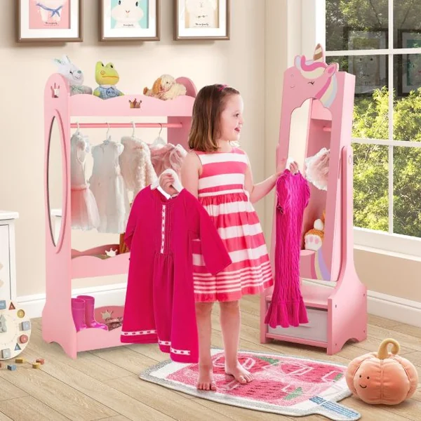 Armoire à Bijoux pour Enfants Miroir sur Pied Miroir de Courtoisie pour Enfants avec Crochets Tiroir 2 Angles d'Inclinaison Rose