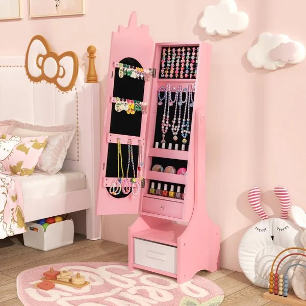 Armoire à Bijoux pour Enfants Miroir sur Pied Miroir de Courtoisie pour Enfants avec Crochets Tiroir 2 Angles d'Inclinaison Rose