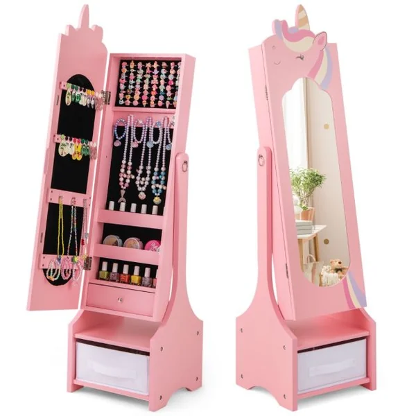 Armoire à Bijoux pour Enfants Miroir sur Pied Miroir de Courtoisie pour Enfants avec Crochets Tiroir 2 Angles d'Inclinaison Rose