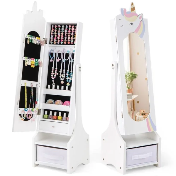 Armoire à Bijoux pour Enfants Miroir sur Pied Miroir de Courtoisie pour Enfants avec Crochets Tiroir 2 Angles d'Inclinaison Rose