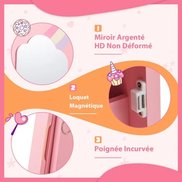 Armoire à Bijoux pour Enfants Miroir sur Pied Miroir de Courtoisie pour Enfants avec Crochets Tiroir 2 Angles d'Inclinaison Rose