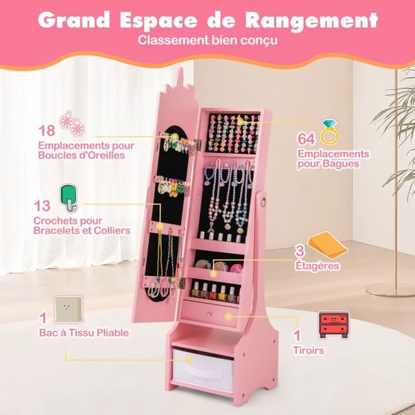 Armoire à Bijoux pour Enfants Miroir sur Pied Miroir de Courtoisie pour Enfants avec Crochets Tiroir 2 Angles d'Inclinaison Rose