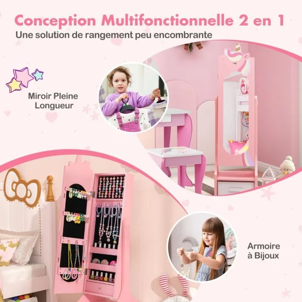 Armoire à Bijoux pour Enfants Miroir sur Pied Miroir de Courtoisie pour Enfants avec Crochets Tiroir 2 Angles d'Inclinaison Rose