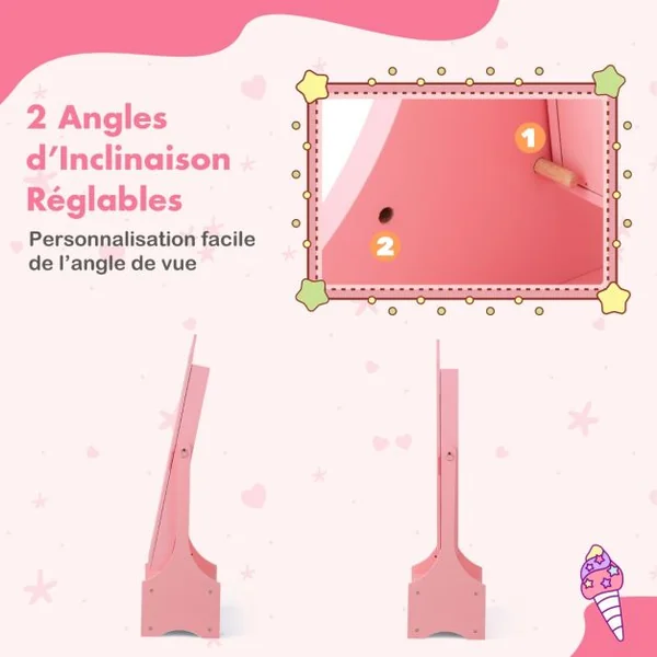 Armoire à Bijoux pour Enfants Miroir sur Pied Miroir de Courtoisie pour Enfants avec Crochets Tiroir 2 Angles d'Inclinaison Rose