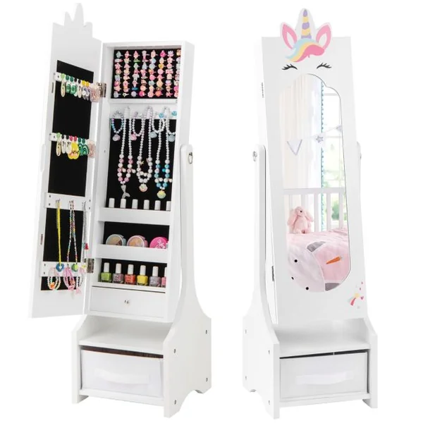 Armoire à Bijoux pour Enfants Miroir sur Pied Miroir de Courtoisie pour Enfants Crochets Tiroir 2 Angles d'Inclinaison Motif Licorne Rose/Blanc