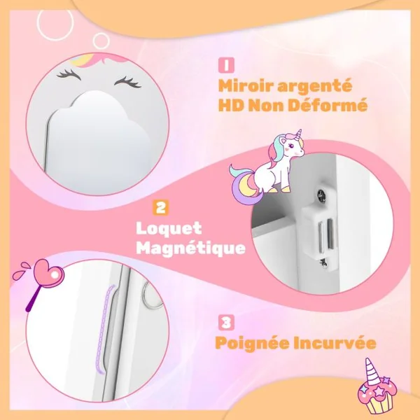 Armoire à Bijoux pour Enfants Miroir sur Pied Miroir de Courtoisie pour Enfants Crochets Tiroir 2 Angles d'Inclinaison Motif Licorne Rose/Blanc