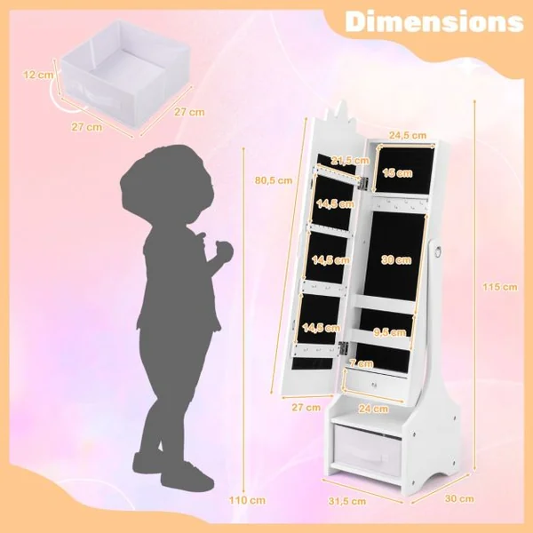 Armoire à Bijoux pour Enfants Miroir sur Pied Miroir de Courtoisie pour Enfants Crochets Tiroir 2 Angles d'Inclinaison Motif Licorne Rose/Blanc