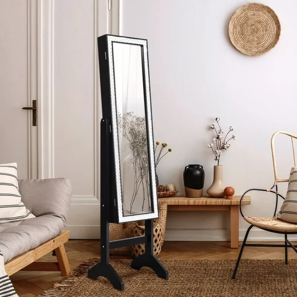 Armoire à Bijoux sur Pied 2 en 1 Rangement pour Cosmétiques avec Miroirs Style Romantique Noir