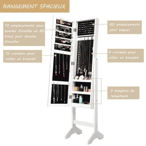 Armoire à Bijoux sur Pied 2 en 1 Rangement pour Cosmétiques avec Miroirs Style Romantique Noir
