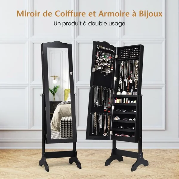 Armoire à Bijoux sur Pied 2 Organiseurs Cosmétiques Amovibles Rangement Compartimenté pour Toutes Sortes de Bijoux Blanc/Noir