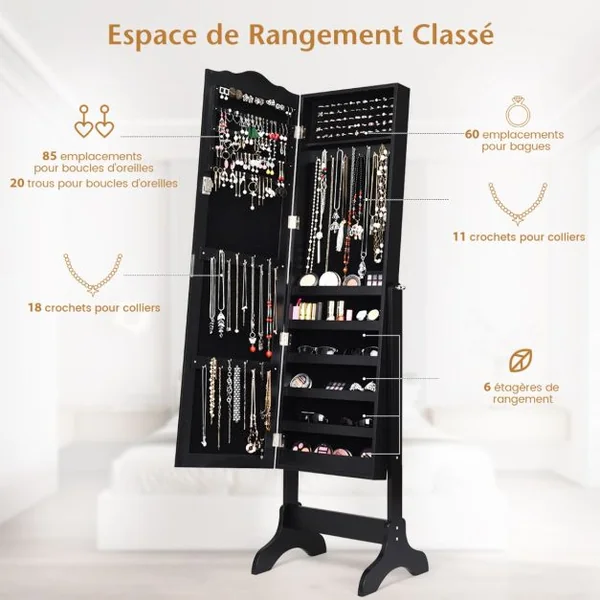 Armoire à Bijoux sur Pied 2 Organiseurs Cosmétiques Amovibles Rangement Compartimenté pour Toutes Sortes de Bijoux Blanc/Noir