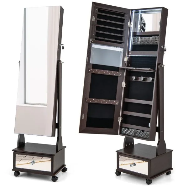 Armoire à Bijoux sur Pied 4 Roues Verrouillables Miroir Pleine Longueur Lumières LED Tiroir Serrure et Clé Marron/Blanc/Brun