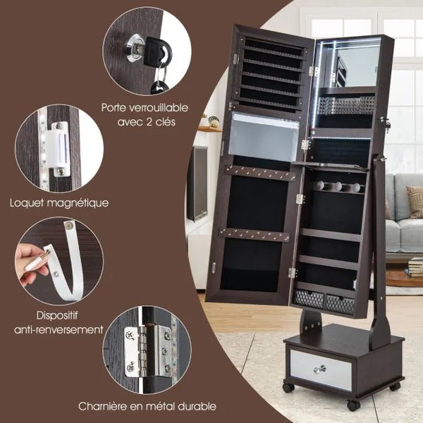 Armoire à Bijoux sur Pied 4 Roues Verrouillables Miroir Pleine Longueur Lumières LED Tiroir Serrure et Clé Marron/Blanc/Brun