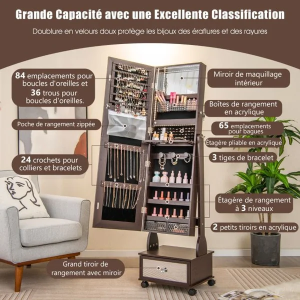 Armoire à Bijoux sur Pied 4 Roues Verrouillables Miroir Pleine Longueur Lumières LED Tiroir Serrure et Clé Marron/Blanc/Brun