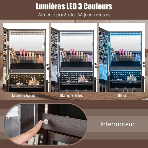 Armoire à Bijoux sur Pied 4 Roues Verrouillables Miroir Pleine Longueur Lumières LED Tiroir Serrure et Clé Marron/Blanc/Brun
