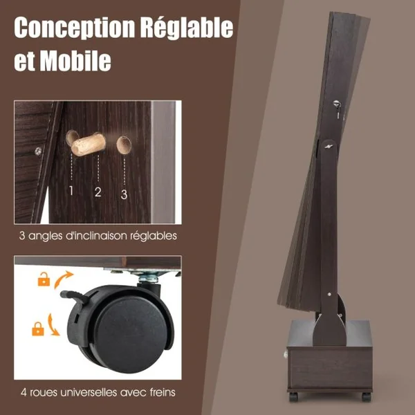 Armoire à Bijoux sur Pied 4 Roues Verrouillables Miroir Pleine Longueur Lumières LED Tiroir Serrure et Clé Marron/Blanc/Brun