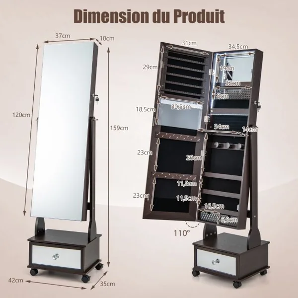 Armoire à Bijoux sur Pied 4 Roues Verrouillables Miroir Pleine Longueur Lumières LED Tiroir Serrure et Clé Marron/Blanc/Brun