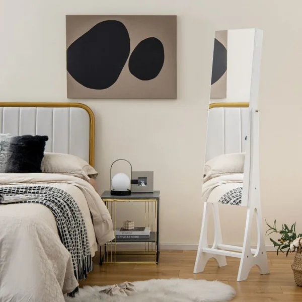 Armoire à Bijoux Sur Pied avec 12 LED Doublure Intérieure en Velours Doux Angle Réglable 36 x 33,5 x 154,5 cm Noir/Blanc