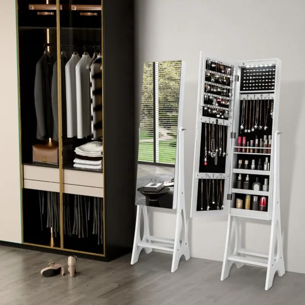 Armoire à Bijoux Sur Pied avec 12 LED Doublure Intérieure en Velours Doux Angle Réglable 36 x 33,5 x 154,5 cm Noir/Blanc