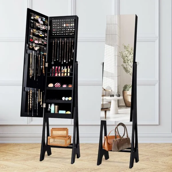 Armoire à Bijoux Sur Pied avec 12 LED Doublure Intérieure en Velours Doux Angle Réglable 36 x 33,5 x 154,5 cm Noir/Blanc