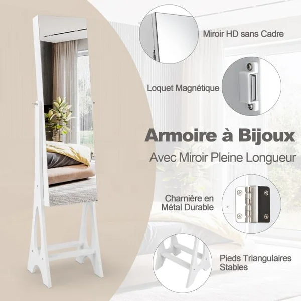 Armoire à Bijoux Sur Pied avec 12 LED Doublure Intérieure en Velours Doux Angle Réglable 36 x 33,5 x 154,5 cm Noir/Blanc