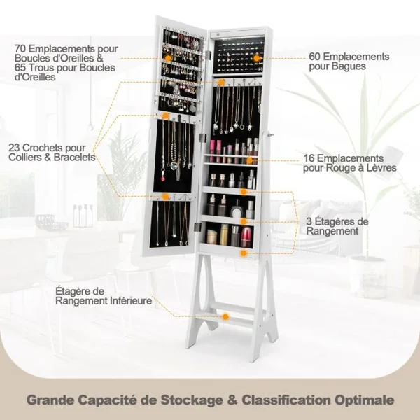 Armoire à Bijoux Sur Pied avec 12 LED Doublure Intérieure en Velours Doux Angle Réglable 36 x 33,5 x 154,5 cm Noir/Blanc